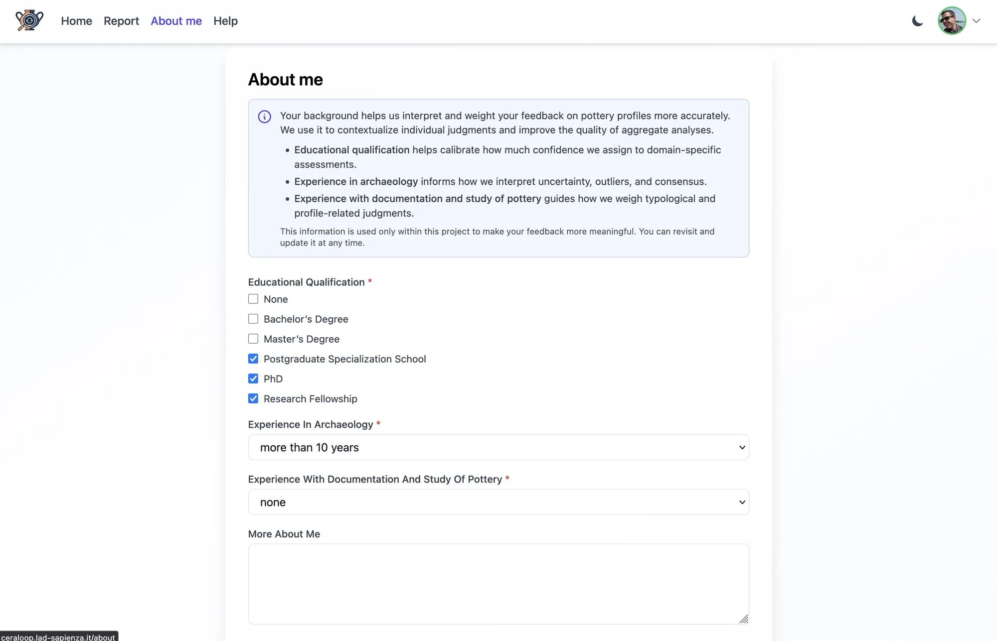 06 CeraLoop: pagina per fornite una descrizione del proprio profilo
